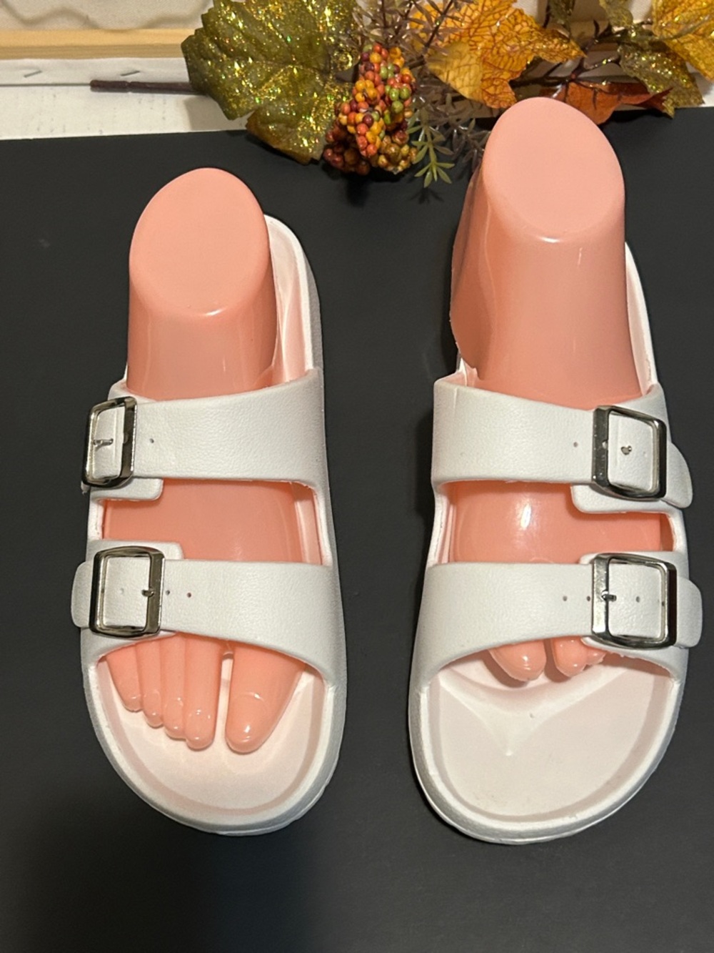 Women's White Double-Buckle Slide Sandals